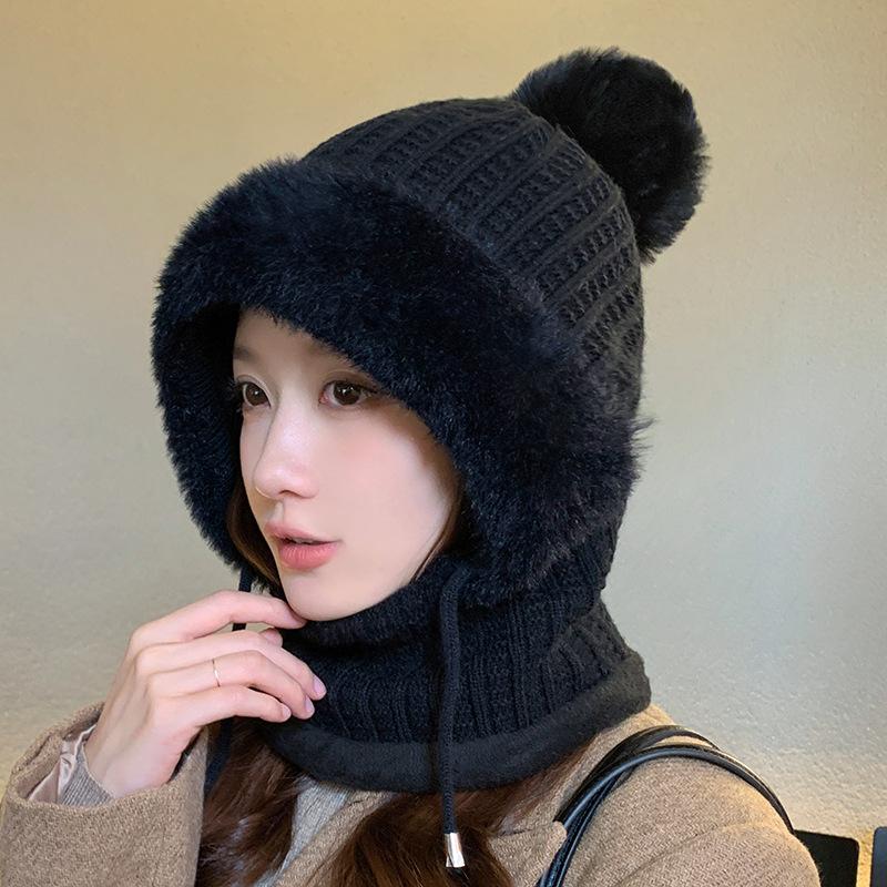 Winter Plush Knitted Hat Women's Mask Scarf Integrated Outdoor Cycling Plush Warm Ear Protection Hat Cold-proof Ski Hat