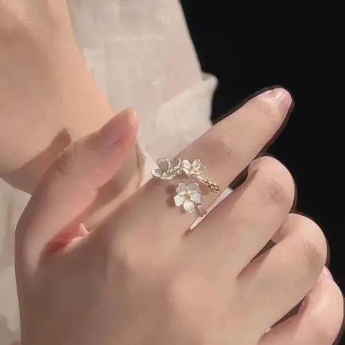 Unique Delicate Flower Opening Adjustable Ring Set for Women Korean Silver Color Minimalist Finger Rings Engagement Jewelry Gift