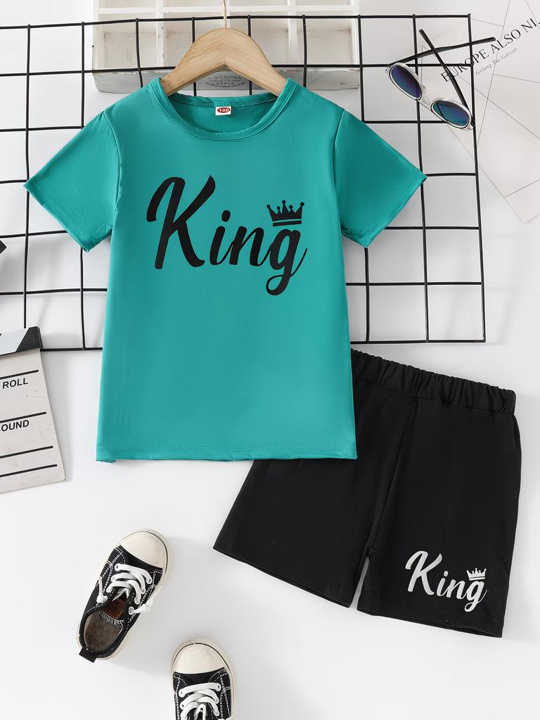 Chlapecký letní outfit: Tričko s krátkým rukávem + Šortky, Dětská souprava s potiskem koruny krále