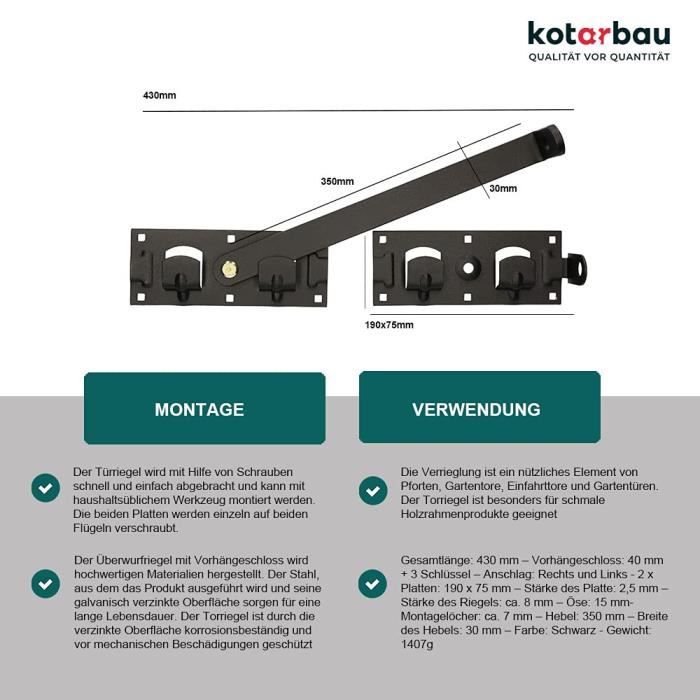 Double Door Lock with KOTARBAU Padlock for Right and Left Use, Indoor and Outdoor, Black, 430 Mm