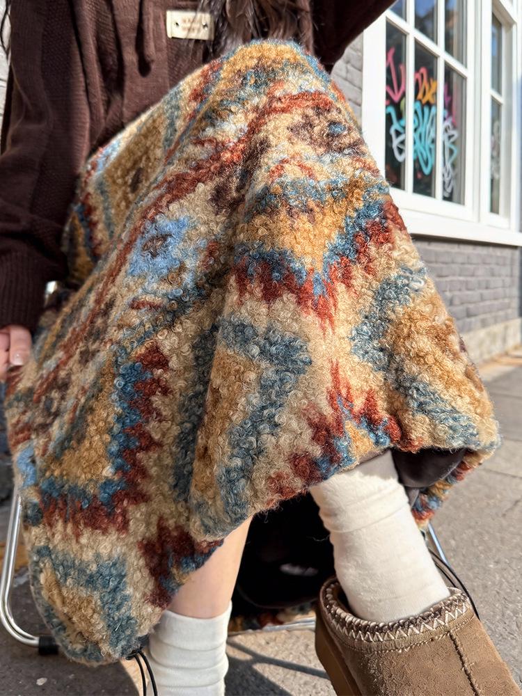 Women's Fair Isle Retro Polar Fleece Mid-Length Umbrella Skirt for Autumn/Winter