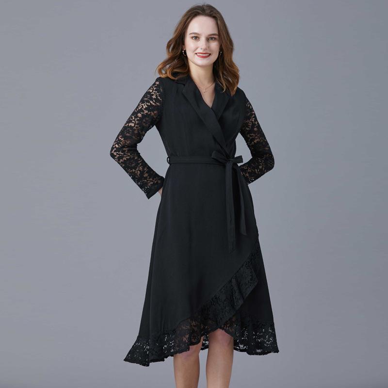 Black Hepburn-Style Patchwork Lace A-Line Dress - Plus Size, Mid-Length, Autumn/Winter Collection