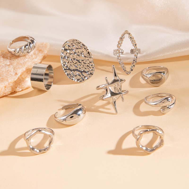 10Pcs/Set Fashion Metal Lava Lines Star Rings Set For Women Exaggerated Gold Color Geometric Smooth Chunky Ring Jewelry