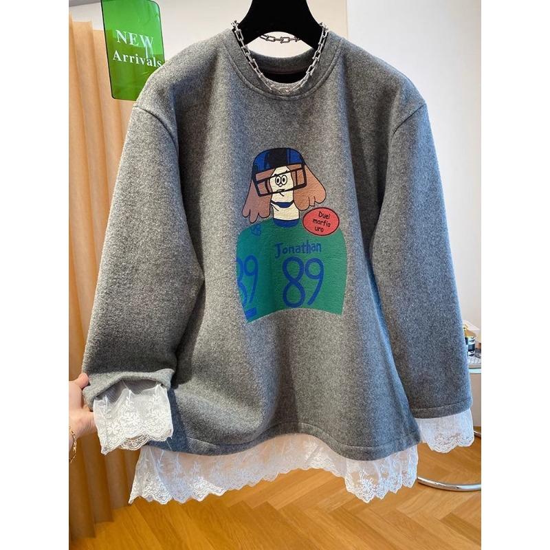 

Мультяшная футболка с кружевной отделкой, трикотажная, с начесом, утолщенная, с длинным рукавом, женская, осенне-зимняя, свободная, базовая, топ L серый