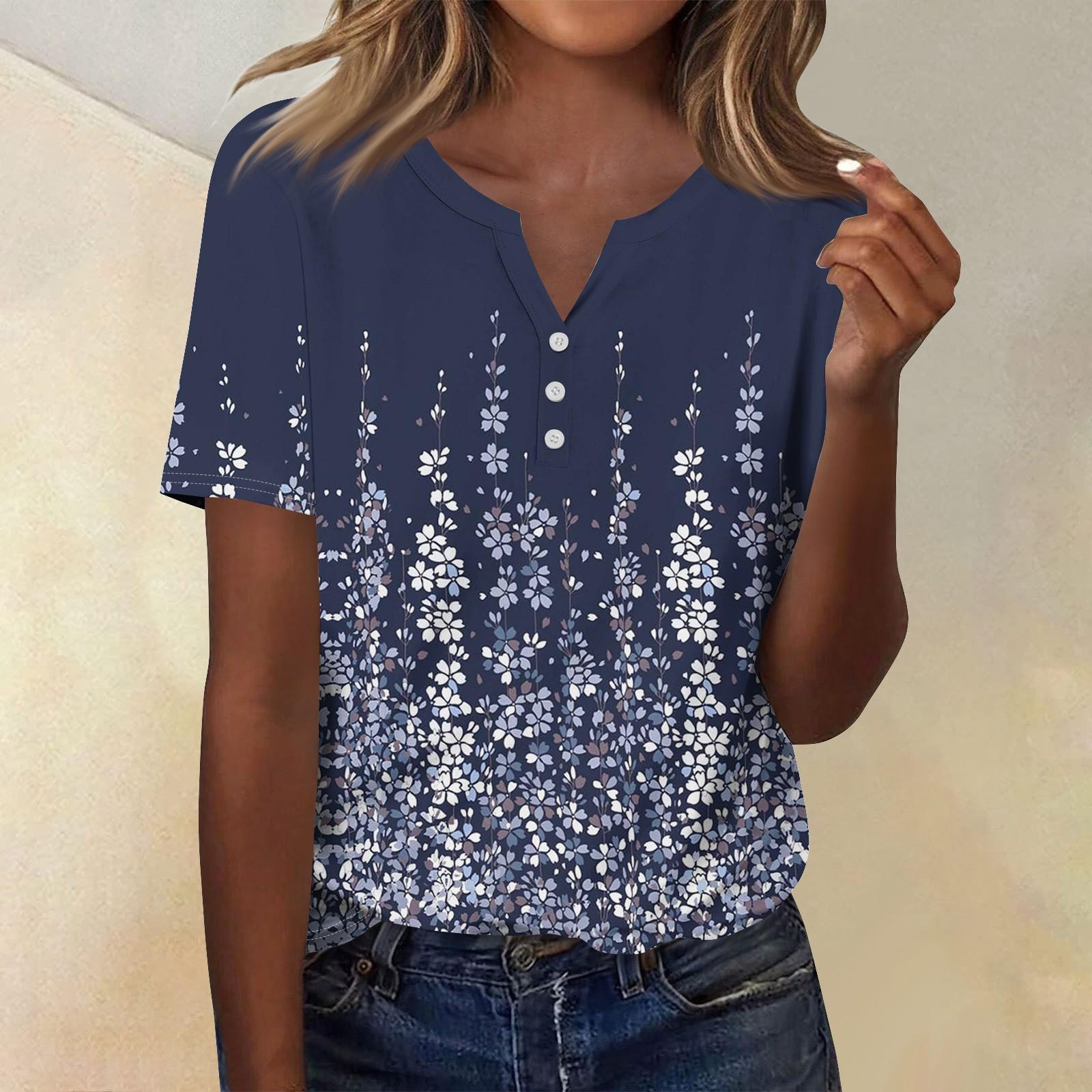 

Женская мода повседневный топ с коротким рукавом и цветочным принтом L темно-синий