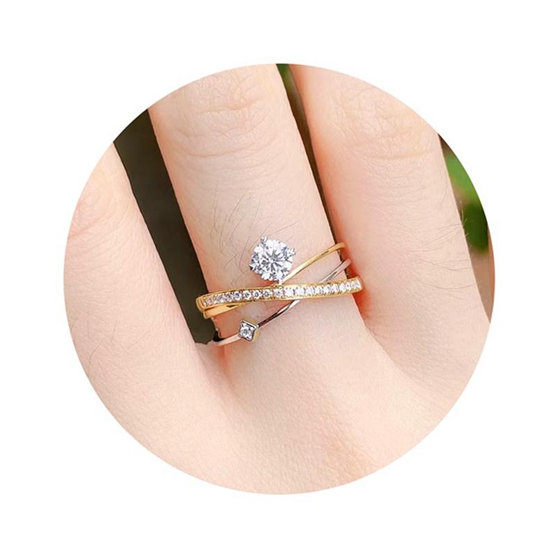 Huitan Mode Goldfarbener Ehering Damen Schickes Kreuz Finger Zirkon mit Glänzendem Kristall Weiblich Zarte tägliche Accessoires