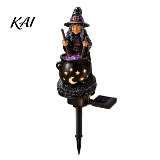 Outdoor Halloween Yard Ornaments Solar Witch Statue with Glowing Cauldron, Garden Light, Festive Patio Illumination Resin Decorative Figurine for Lawn