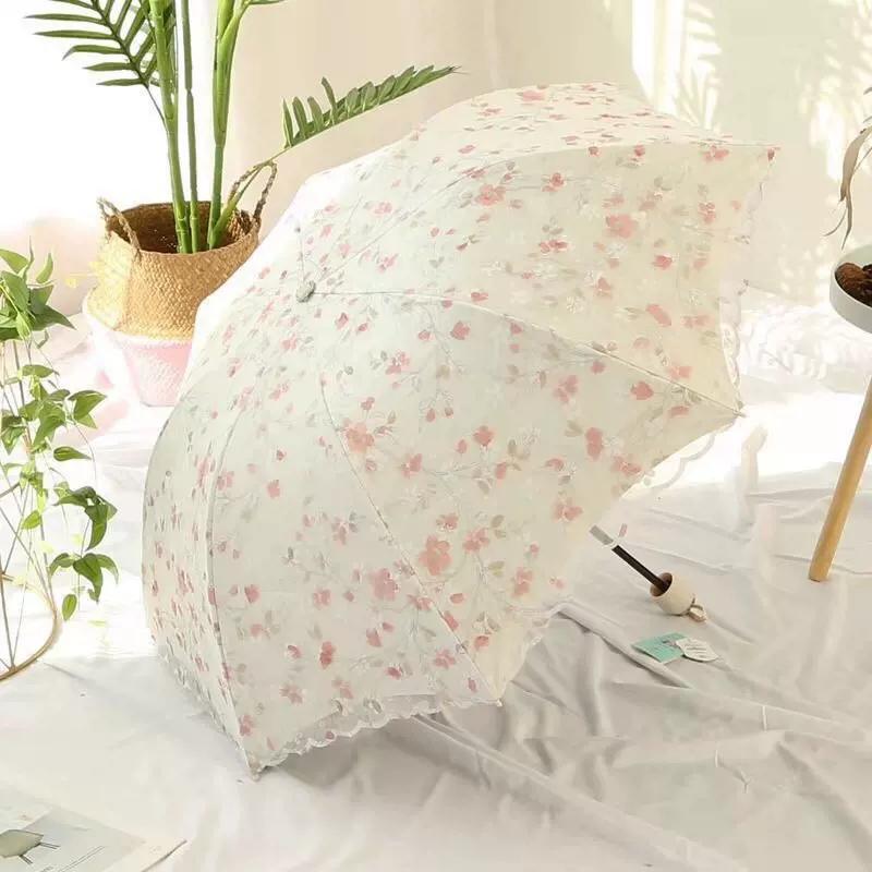 Double-Layer Lace Embroider Sun Umbrella Thickened Sun Protection UV Protection Dual-Use Black Glue Sun Umbrella Automatic Umbrella Female