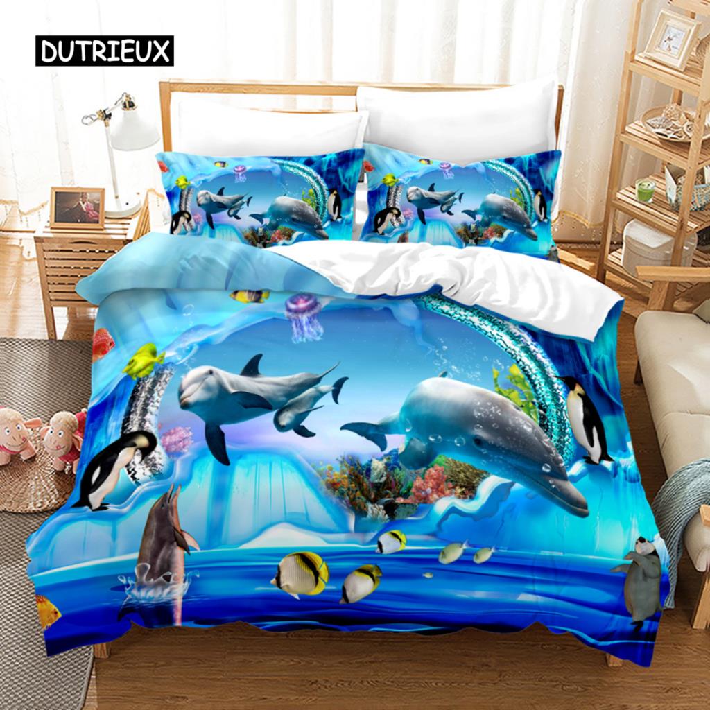 Ocean Duvet Cover Set Polyester Underwater World Clownfish Shark Quilt Cover Sea Animal Theme Double Queen King Size Bedding Set