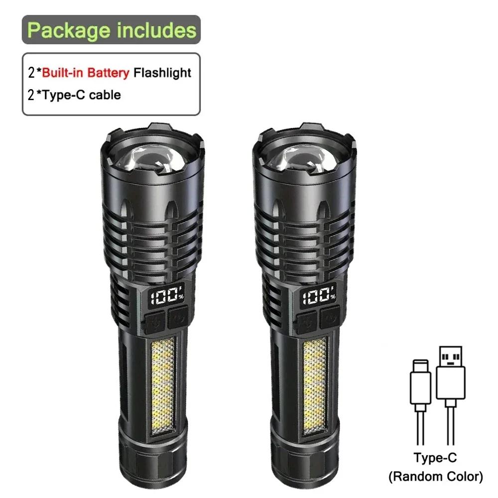 10000LM High Power LED Flashlight Powerful TYPE-C Rechargeable COB Flashlight With Side Light Torch For Outdoor Camping Hiking