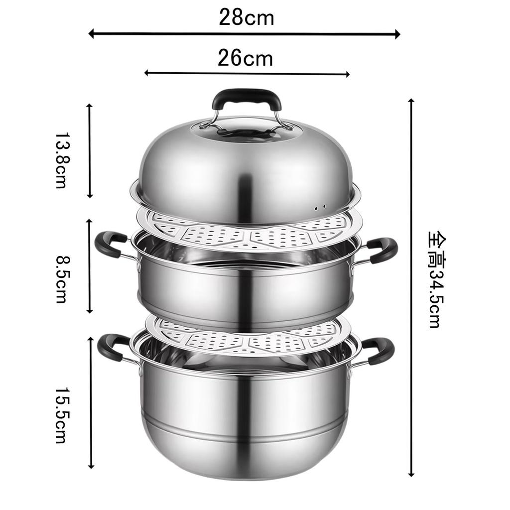 buuyyaa Stainless Steel with Glass Gas and IH Includes Steaming 28cm Steamer, Three-Tier, Multifunctional, Lid, Compatible, Cloth,