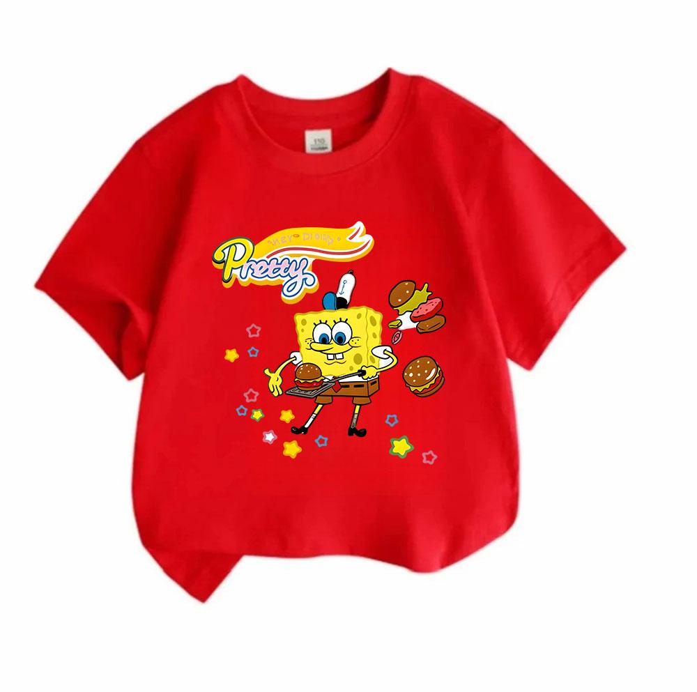 Kids Boys Girls 100% Cotton Crew Neck Short Sleeve T-Shirt, Cute Yellow Sponge Character Krabby Hamburger Print Casual Soft Tee for Children Daily Wea