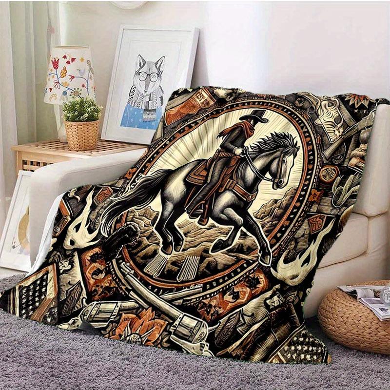 American Cowboy Culture Flannel Blanket - Contemporary Style, Polyester, Knitted, Digital Print, All-Season, Tear Resistant