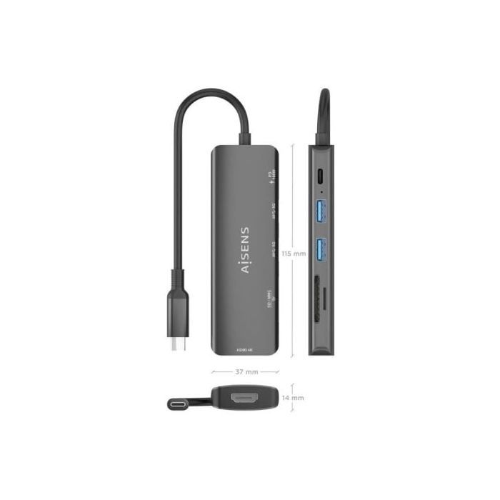 Docking USB Tipo-C Aisens ASUC-5P011-GR- 1xHDMI- 2xUSB- 1xUSB Tipo-C PD- 1xLector Tarjetas- Gris