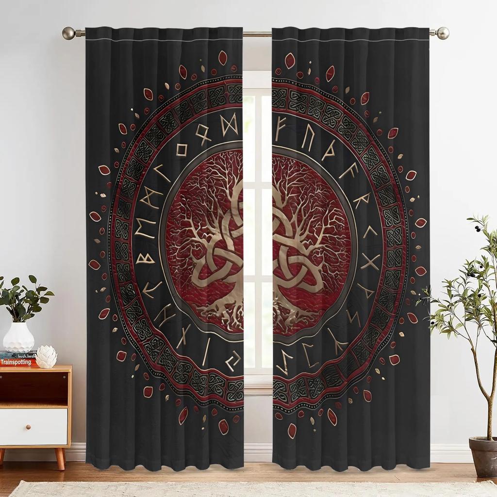 2pcs Viking Curtains – Deep Red Nordic Rune Design   Blackout Privacy Panels for Living Room & Bedroom – Medieval Home Decor
