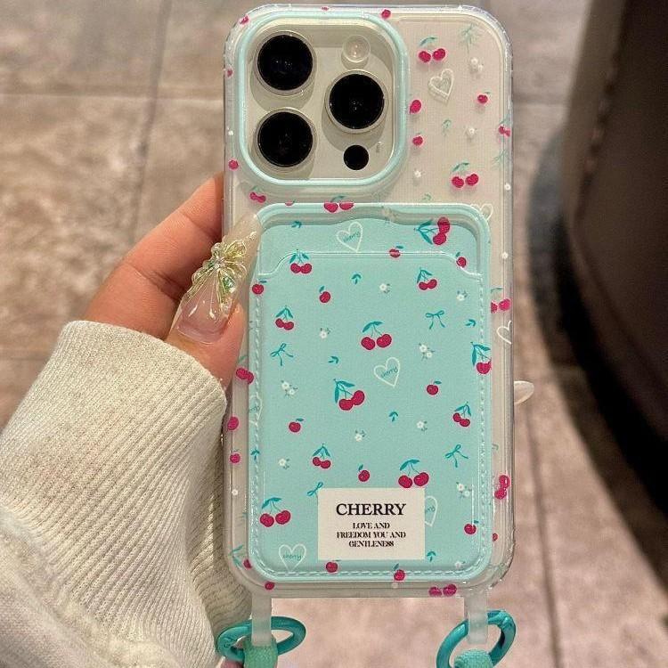 Full Screen Cherry Lanyard Card Case  Suitable for Iphone16 Phone Case  IPhone 15 Protective Case  14 Fresh and Clean 13 Women's Style