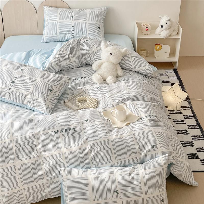 Sleep Grid Cotton Cartoon Printed Student Dormitory 3-Piece Set Home 4-Piece Set