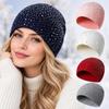 Rhinestone Decor Warm Winter Hat Stretchy Fit Winter Knitted Cap  Outdoor Streetwear