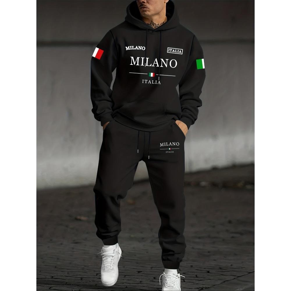 Men's Casual Two Piece Set, Featuring Milan Pattern Printed Drawstring Pocket Hoodie, Paired with Drawstring Outdoor Casual Sports Pants