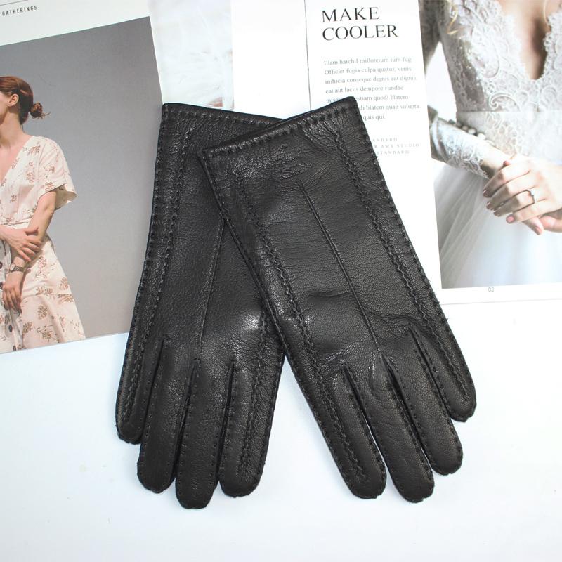 New Women's Deerskin Gloves Hand-sewn To Make Warm Wool Knitted Lining Outdoor Riding and Driving Gloves