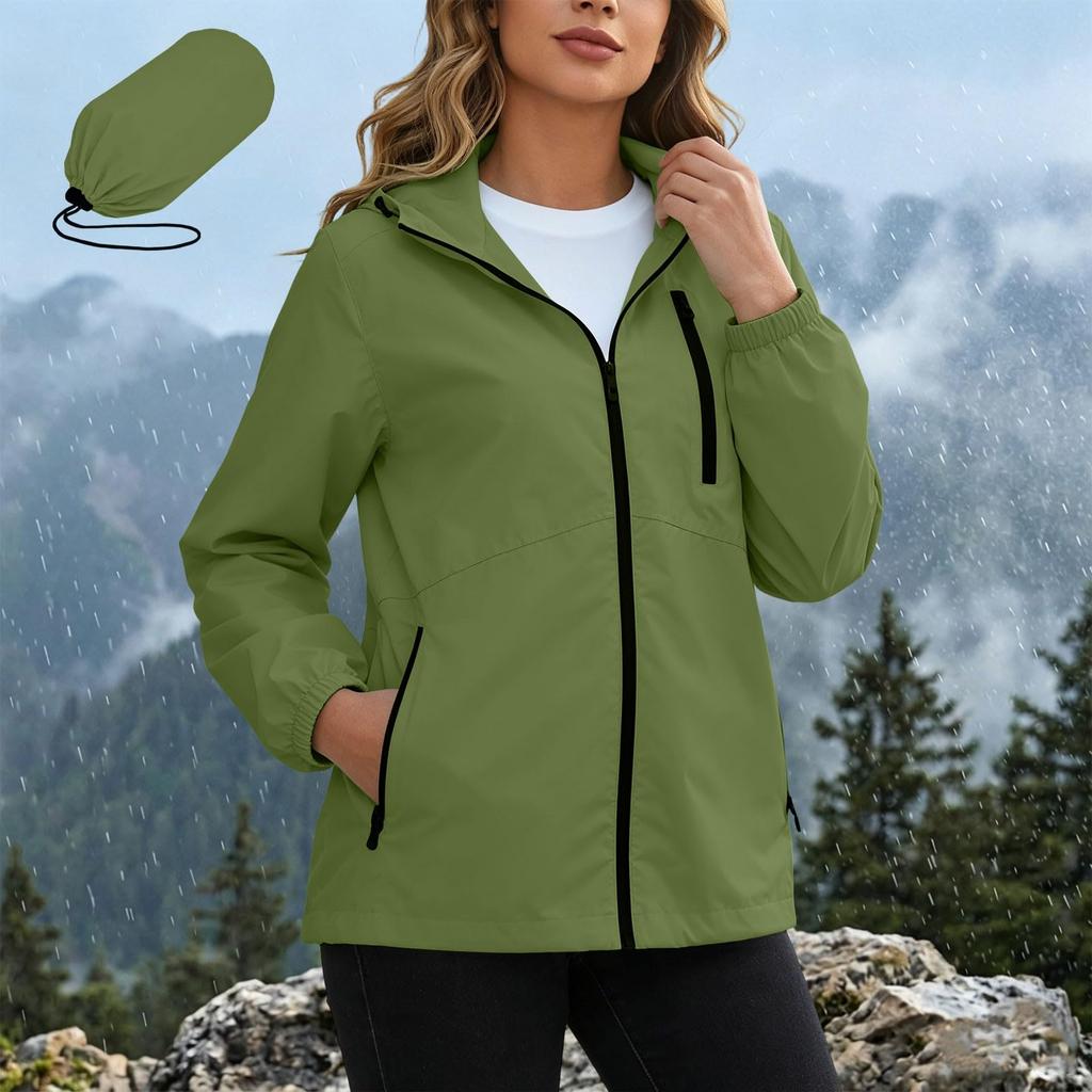 Women's Waterproof Windbreaker Jacket Hooded Outdoor Lightweight Zip Up Windproof Coat with Pockets for Hiking Camping