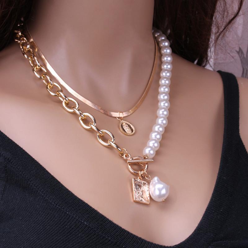 Fashion Chain Pearl Necklace For Women Baroque Pearl Metal Charm Pendant Necklaces Choker Snake Chain Zircon Gold Copper Color