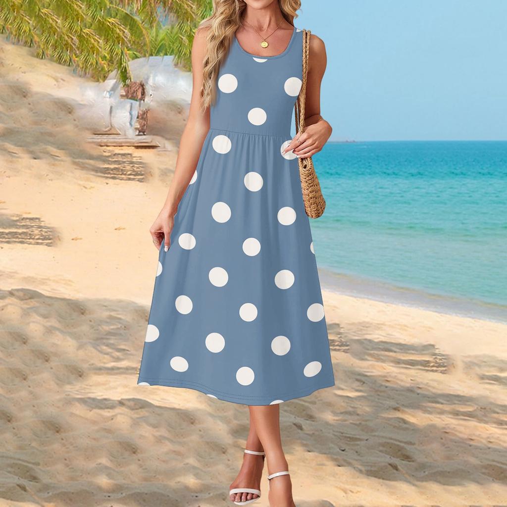 Women's Polka Dot Summer Dress, Casual Flowy Beach Sundress with Pockets, Lightweight Vacation Outfit