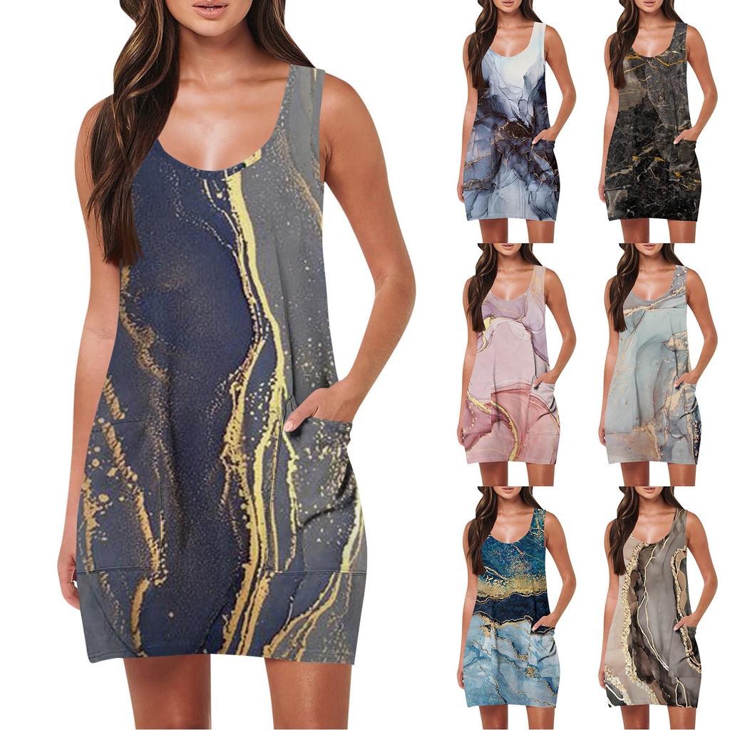Women's Summer Casual Fashion Sleeveless Tank Pocket Beach Gradient Print  Dresses