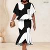 Women Plus Size Black White Printed Round Neck Batwing Sleeve Ruffle Hem Top Fishtail Skirt Two Piece Set