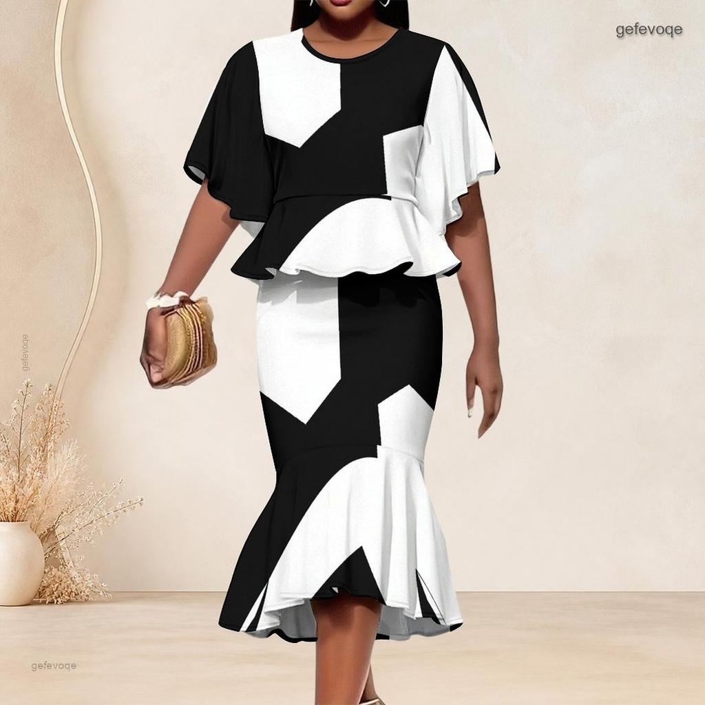 Women Plus Size Black White Printed Round Neck Batwing Sleeve Ruffle Hem Top Fishtail Skirt Two Piece Set