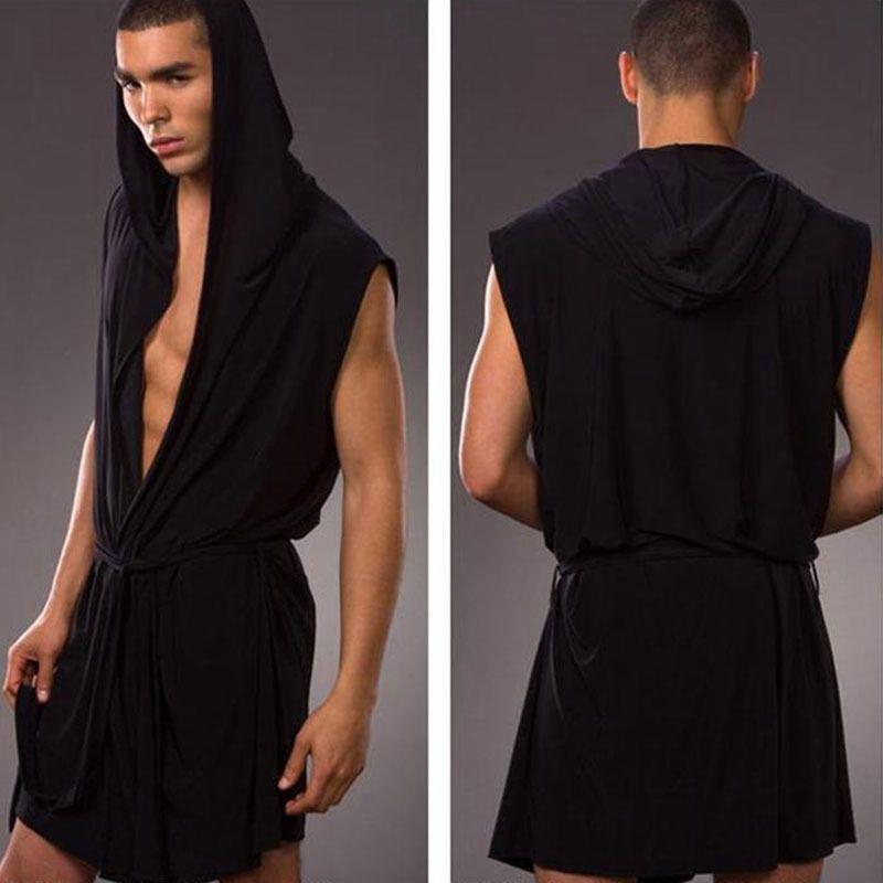 Men's Hooded Sleeveless Thin Silk Bathrobe, European Style, Six Colors Available, Does Not Include Underwear