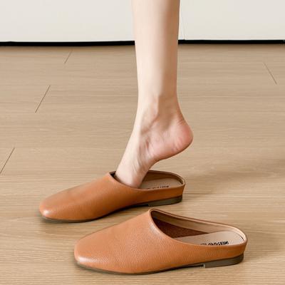 Fashion Sping Autumn Genuine Leather Women's Slippers 2025 Outside Wear Flat Bottomed Casual Comfy Muller Bag Head Half Slippers