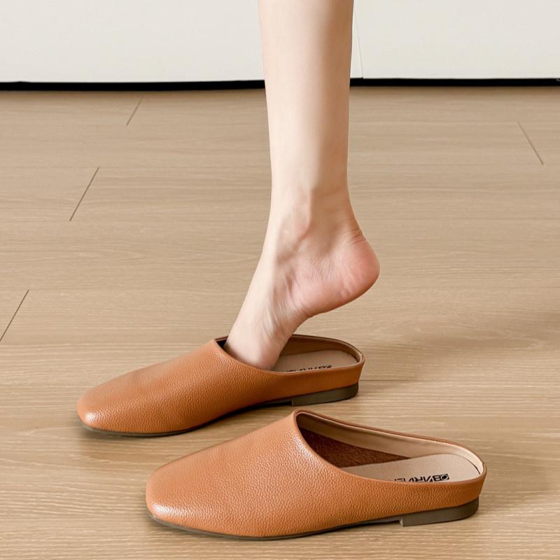 Fashion Sping Autumn Genuine Leather Women's Slippers 2025 Outside Wear Flat Bottomed Casual Comfy Muller Bag Head Half Slippers