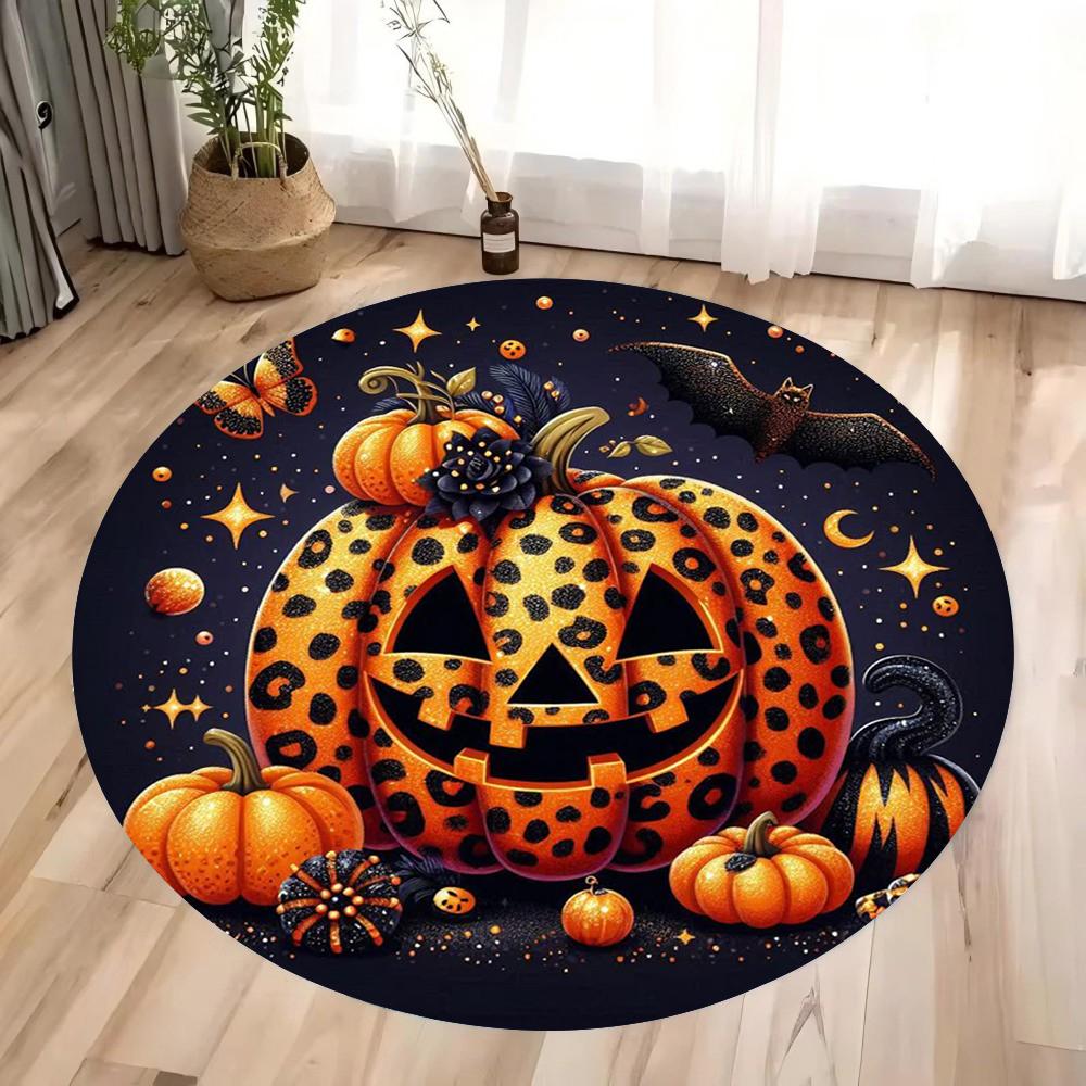 Halloween Pumpkin Magic Hat and Bat Circular Printed Carpet Halloween Themed Floor Mat Home Decoration Yoga Studio Gift