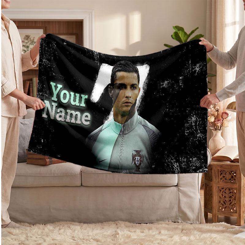 Futbol Logolu Kişiselleştirilmiş Cristiano Ronaldo Polar Battaniye, Özel İsim Yazılı Yumuşak Sıcak Ev Battaniyesi