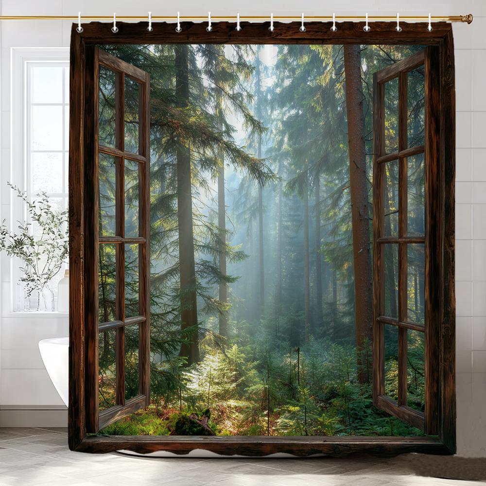 Textile Article Light 1 Piece Natural Forest Scenery Outside The Window Shower Curtain, Bathroom Decorative Shower Curtain,Home Curtain With Hooks