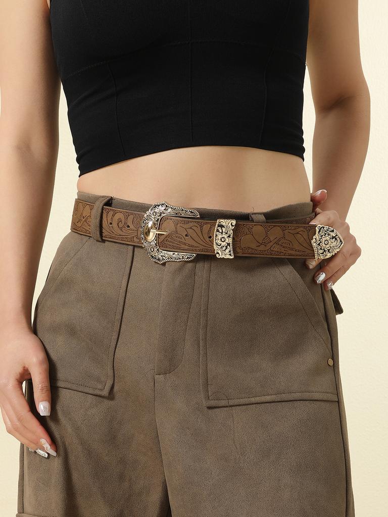 Women's Floral Carved Buckle Belt, Retro Solid Embossed Waistband, Western Jeans Belt