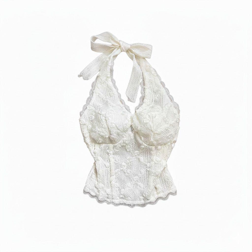 Women's High-End French Lace Floral Halter Crop Top