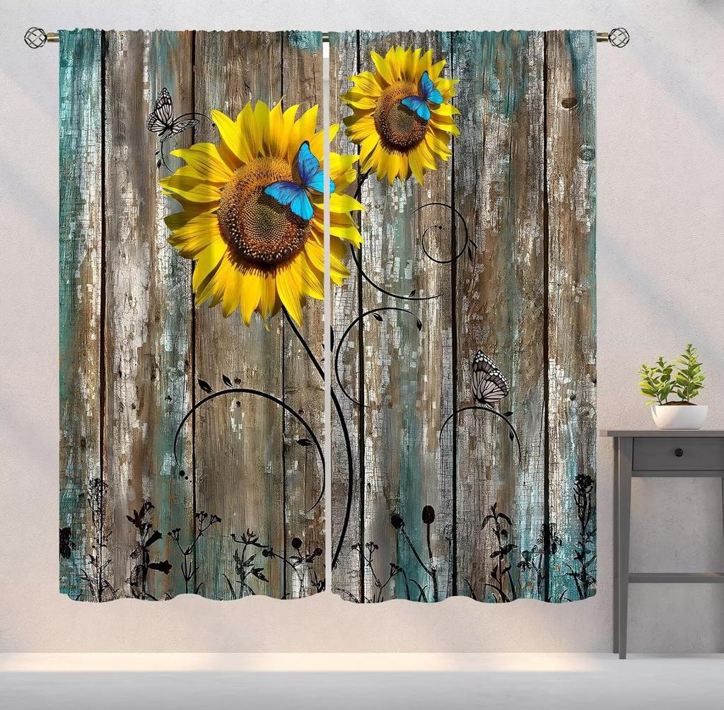 Farmhouse Sunflower Curtains Country Vintage Floral Wooden Board Art Printed Window Drapes Bedroom Kitchen Decor Room Darkening Polyester Master