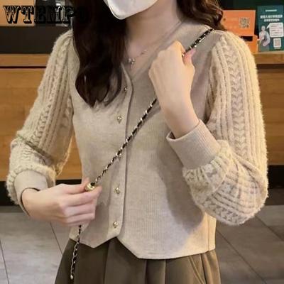 Autumn Padded Korean Version of The Foreign-style V-neck Bottoming Knit Versatile Ageing Thin Splicing Lace Blouse