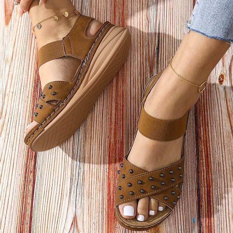 

мода Модные женские босоножки с заклепками и украшениями на танкетке с перекрестными ремешками на толстой подошве Мягкие удобные нескользящие босоножки Mujer 36 коричневый