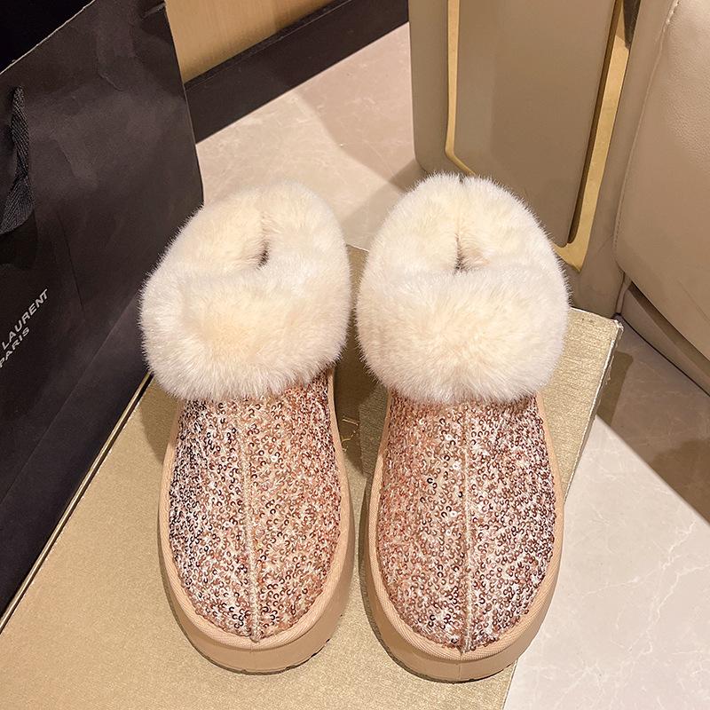 Women's Lightweight Comfortable Cold Warm Padded Snow Boots Non-slip Wear-resistant Outdoor Casual Sneakers Sequins Cotton Boots