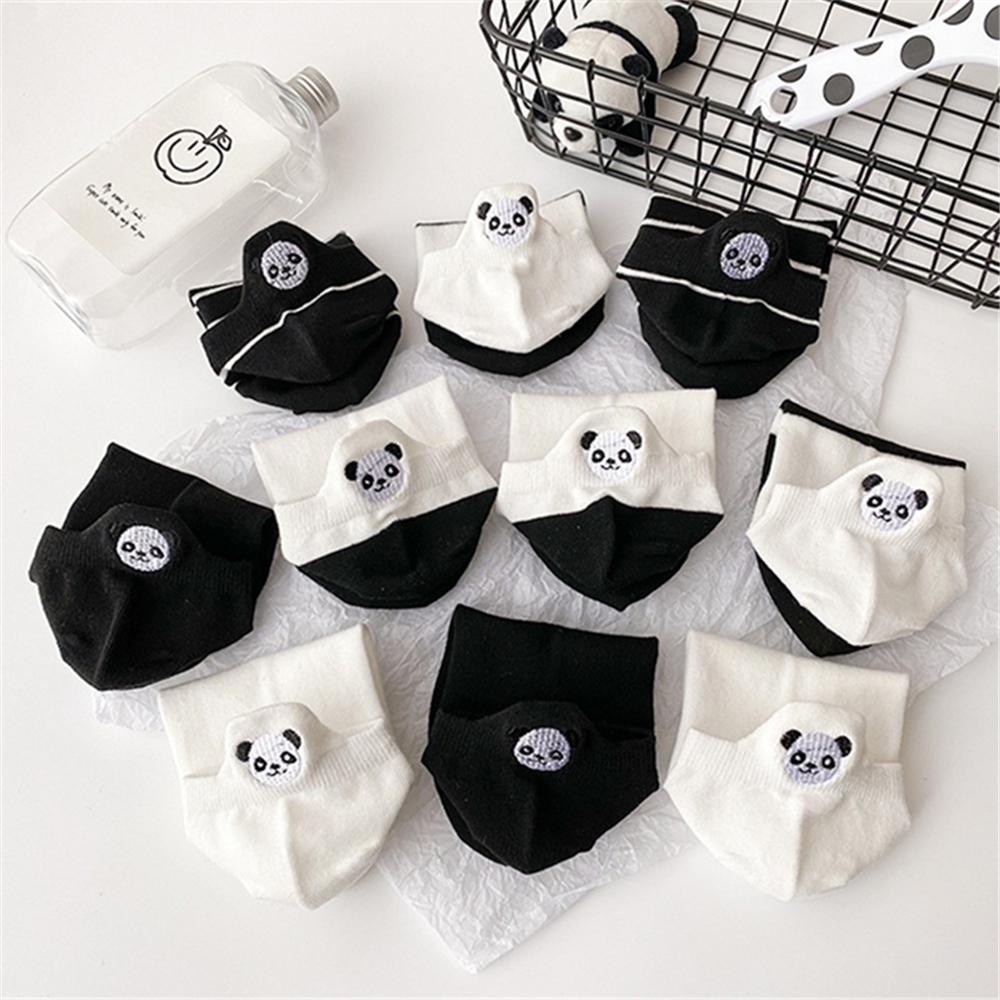 Lustige Niedliche Stickerei Panda Socken Damen Harajuku Divertidos Kawaii Weiß Schwarz Gestreift Kurze Knöchelsocken