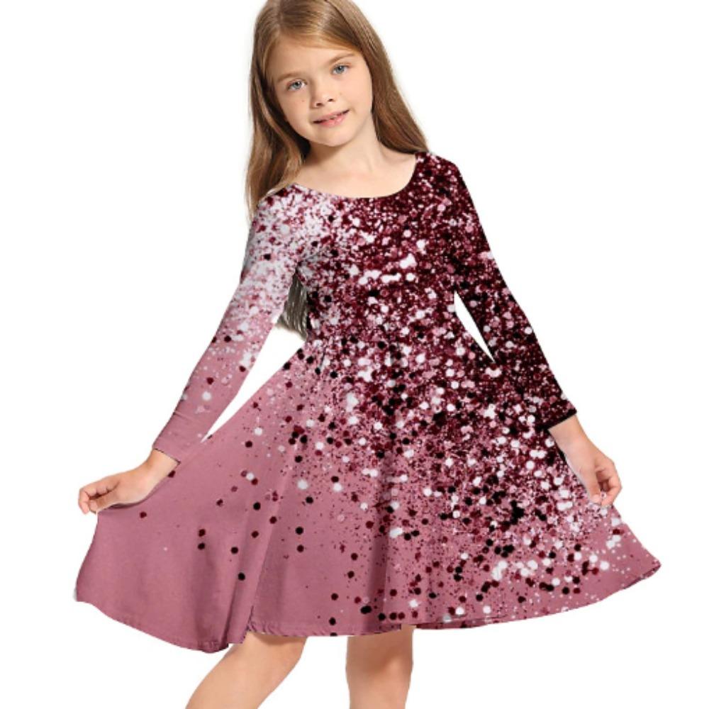 Girl Casual 3D Ombre Sequin Dress Print Round Neck Long Sleeve Dress Kid Princess Dress