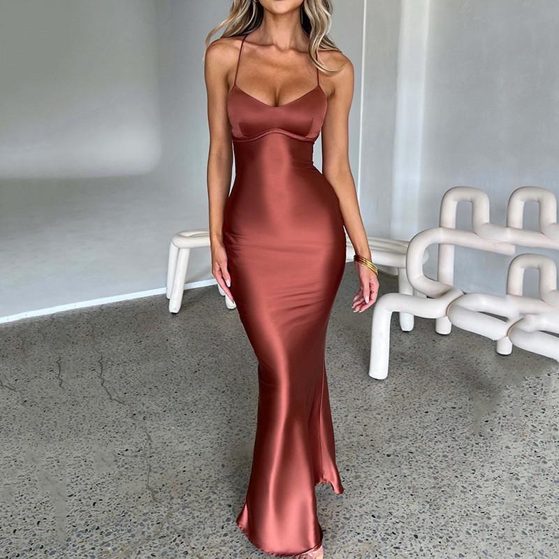 European and American Summer Temperament Sexy Suspender High Elasticity Satin Backless Strap Slim Long Dress