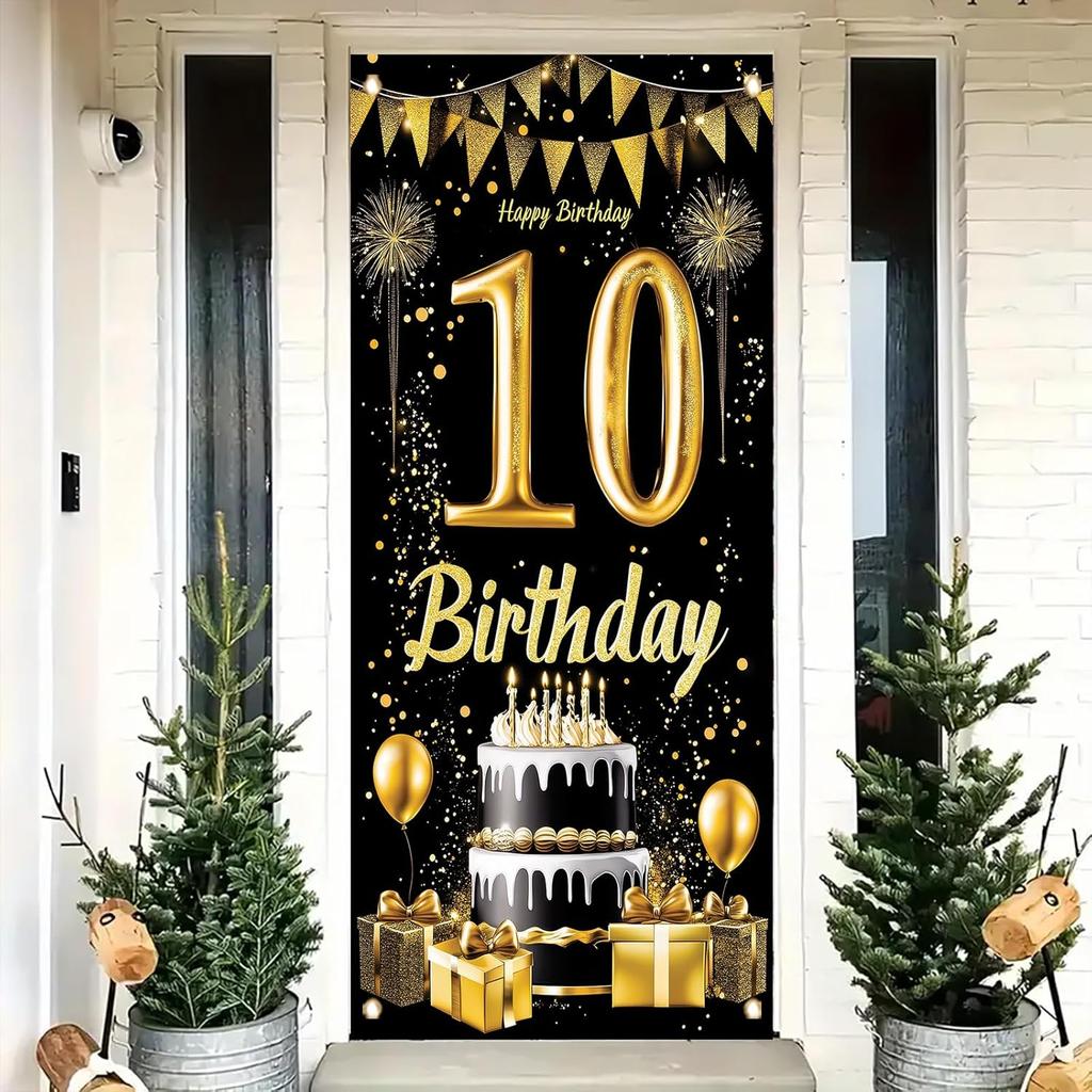 18th Birthday Door Cover Decoration 71 x 35 Inch Black and Gold Cake Banner with Balloons and Gifts for Eighteenth Birthday Party Supplies Happy 18