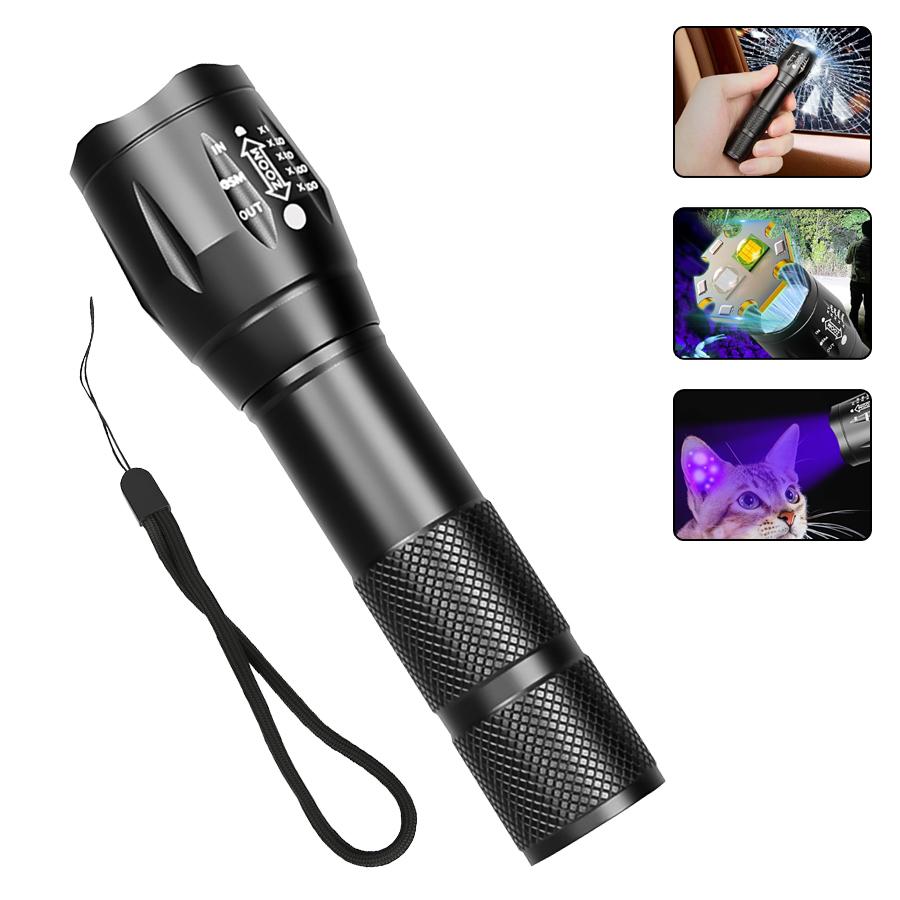395nm 2 in 1 UV Flashlight Black Light LED Torch Type-C Rechargeable Lamp Outdoor Zoom Waterproof Lantern for Pet Urine Stains