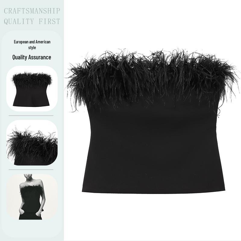 Autumn European & American Style Feather Bustier Slim One-Shoulder Camisole