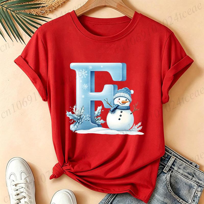 Christmas Snowman Alphabet T-Shirt Women Blue Ice Alphabet Graphic Tees Christmas Holiday Casual Red Short Sleeve Unisex Tops