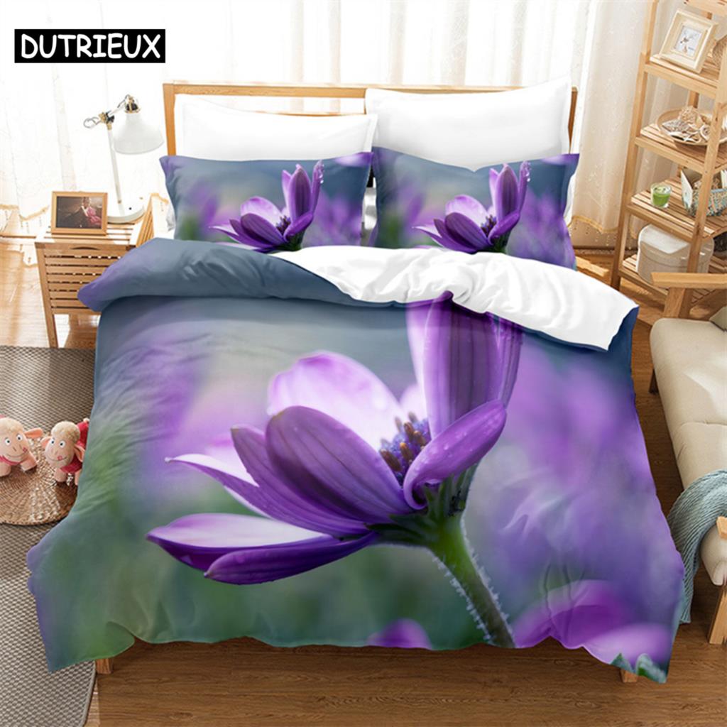 Purple Flower Duvet Cover Set Double Bed 200x200 Thin Floral Bedding Set 3PCS 2PCS with Pillowcase Single Quilt Cover 220x240